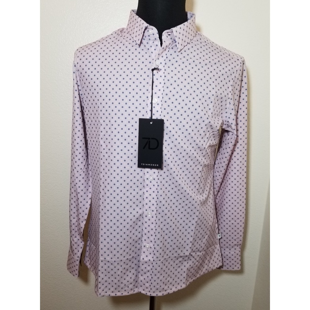 7 Diamonds 4 Way Stretch Mens S Shirt Pink Geometric Amis Long Sleeve Retro NWT